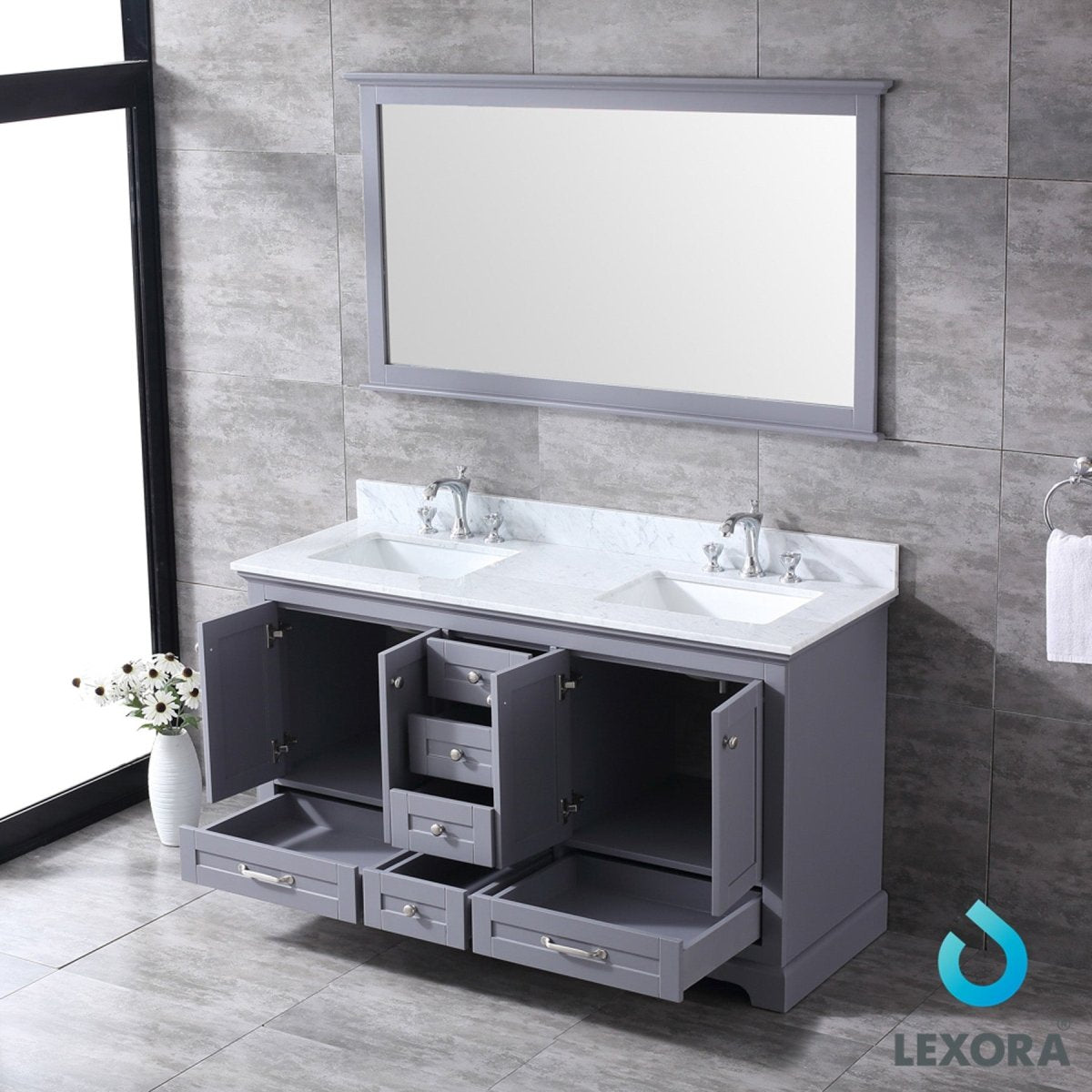 Dukes 60" Dark Grey Double Vanity, White Carrara Marble Top, White Square Sinks and 58" Mirror w/ Faucets - BUILDMYPLACE