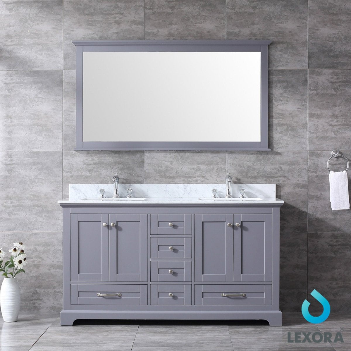 Dukes 60" Dark Grey Double Vanity, White Carrara Marble Top, White Square Sinks and 58" Mirror w/ Faucets - BUILDMYPLACE