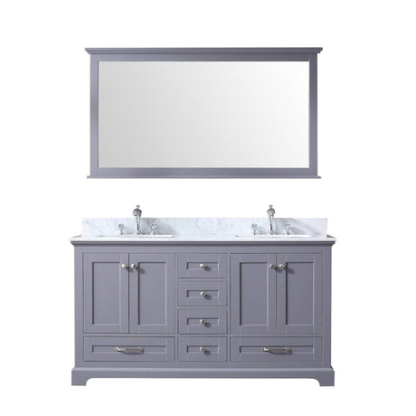 Dukes 60" Dark Grey Double Vanity, White Carrara Marble Top, White Square Sinks and 58" Mirror w/ Faucets - BUILDMYPLACE