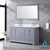 Dukes 60" Dark Grey Double Vanity, White Carrara Marble Top, White Square Sinks and 58" Mirror w/ Faucets - BUILDMYPLACE