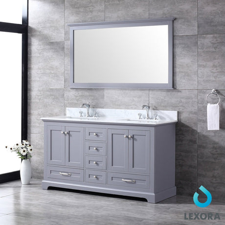 Dukes 60" Dark Grey Double Vanity, White Carrara Marble Top, White Square Sinks and 58" Mirror w/ Faucets - BUILDMYPLACE