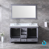 Dukes 60" Dark Grey Double Vanity, White Carrara Marble Top, White Square Sinks and 58" Mirror w/ Faucets - BUILDMYPLACE