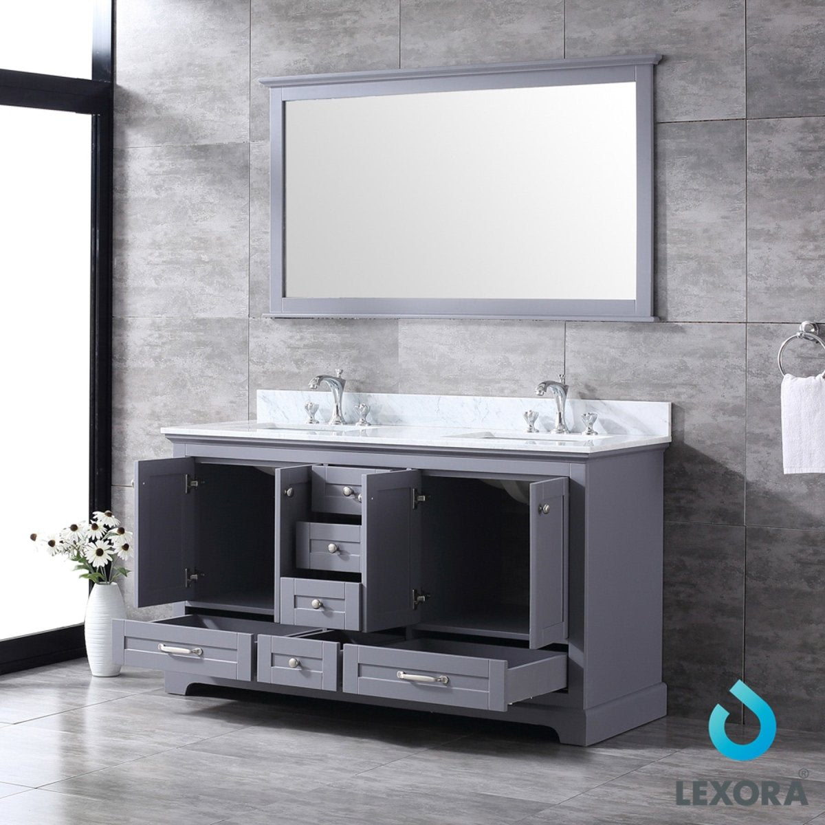 Dukes 60" Dark Grey Double Vanity, White Carrara Marble Top, White Square Sinks and 58" Mirror w/ Faucets - BUILDMYPLACE