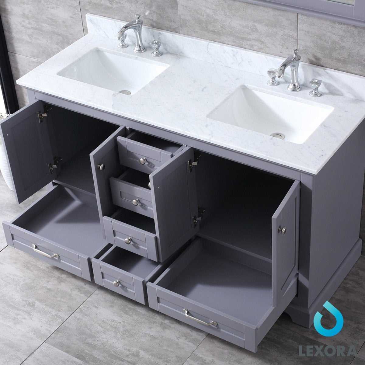 Dukes 60" Dark Grey Double Vanity, White Carrara Marble Top, White Square Sinks and 58" Mirror w/ Faucets - BUILDMYPLACE