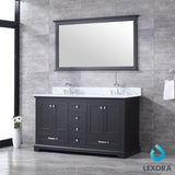 Dukes 60" Espresso Double Vanity, White Carrara Marble Top, White Square Sinks and 58" Mirror w/ Faucets - BUILDMYPLACE