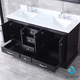 Dukes 60" Espresso Double Vanity, White Carrara Marble Top, White Square Sinks and 58" Mirror w/ Faucets - BUILDMYPLACE