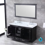 Dukes 60" Espresso Double Vanity, White Carrara Marble Top, White Square Sinks and 58" Mirror w/ Faucets - BUILDMYPLACE