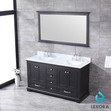 Dukes 60" Espresso Double Vanity, White Carrara Marble Top, White Square Sinks and 58" Mirror w/ Faucets - BUILDMYPLACE