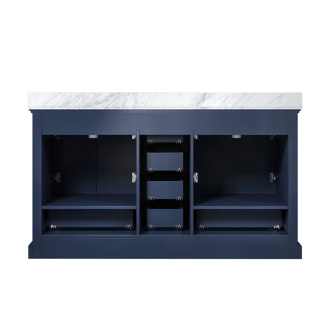 Dukes 60" Navy Blue Double Vanity, White Carrara Marble Top, White Square Sinks and 58" Mirror - BUILDMYPLACE
