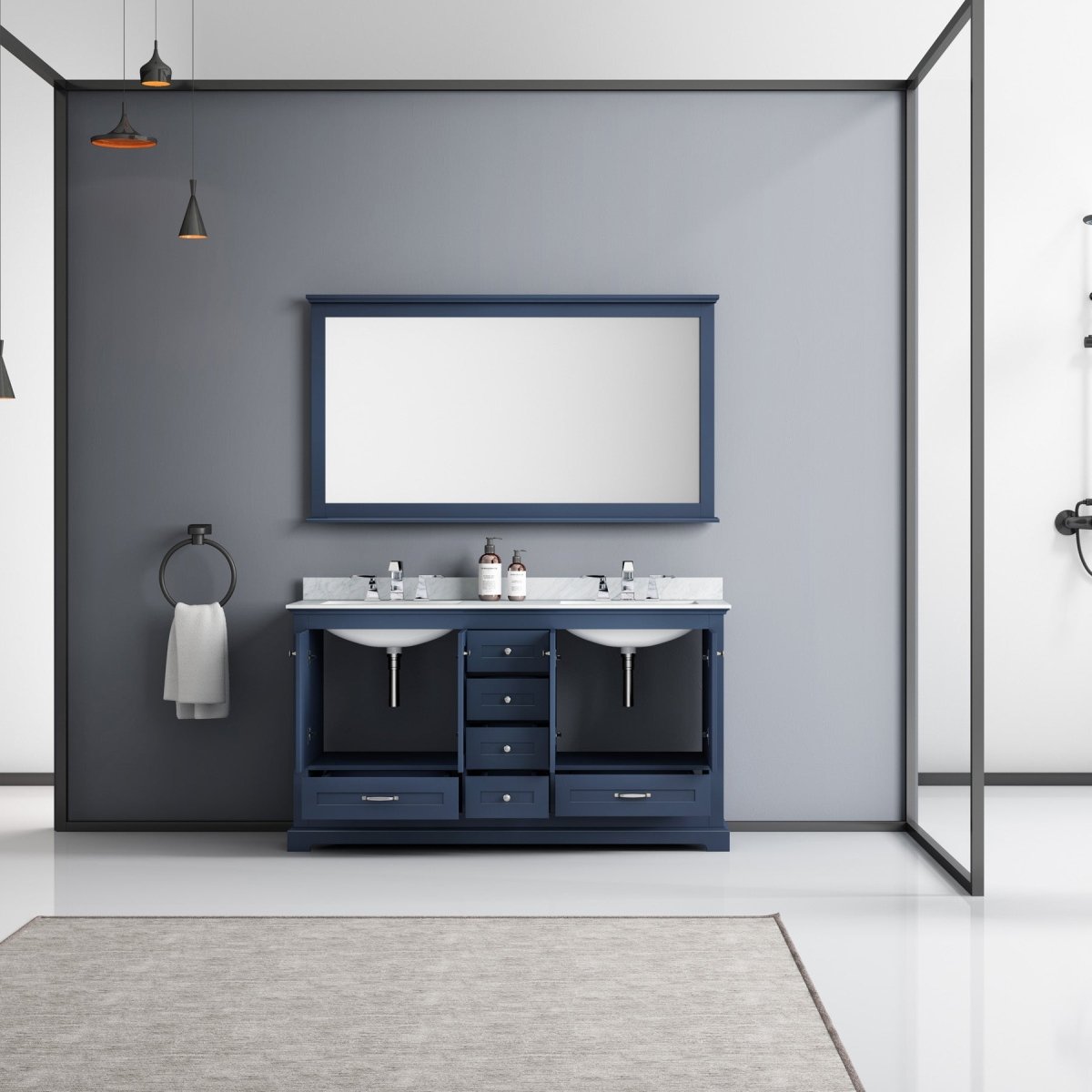 Dukes 60" Navy Blue Double Vanity, White Carrara Marble Top, White Square Sinks and 58" Mirror - BUILDMYPLACE
