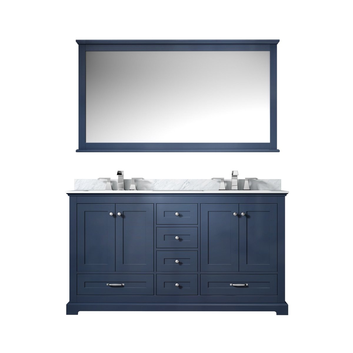 Dukes 60" Navy Blue Double Vanity, White Carrara Marble Top, White Square Sinks and 58" Mirror - BUILDMYPLACE