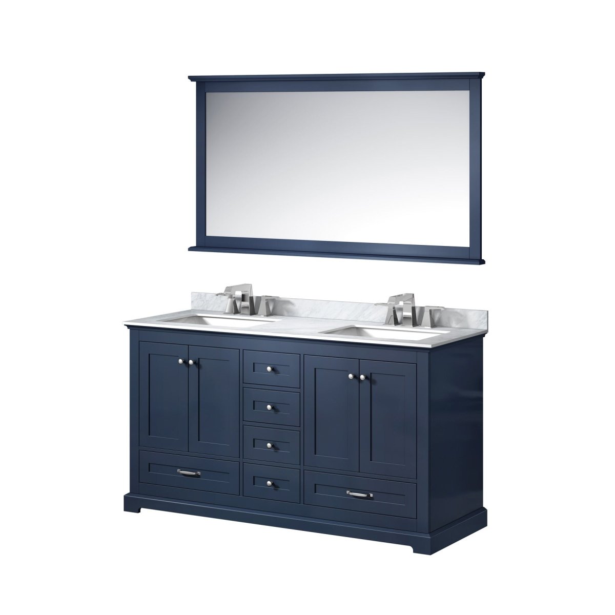 Dukes 60" Navy Blue Double Vanity, White Carrara Marble Top, White Square Sinks and 58" Mirror - BUILDMYPLACE