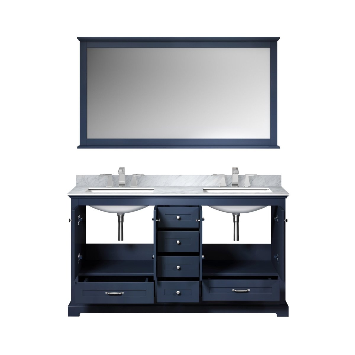 Dukes 60" Navy Blue Double Vanity, White Carrara Marble Top, White Square Sinks and 58" Mirror - BUILDMYPLACE