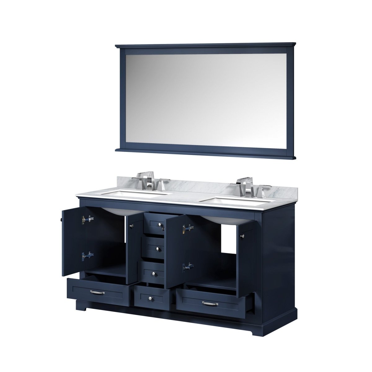 Dukes 60" Navy Blue Double Vanity, White Carrara Marble Top, White Square Sinks and 58" Mirror w/ Faucets - BUILDMYPLACE