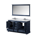 Dukes 60" Navy Blue Double Vanity, White Carrara Marble Top, White Square Sinks and 58" Mirror w/ Faucets - BUILDMYPLACE