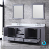 Dukes 80" Dark Grey Double Vanity, White Carrara Marble Top, White Square Sinks and 30" Mirrors - BUILDMYPLACE