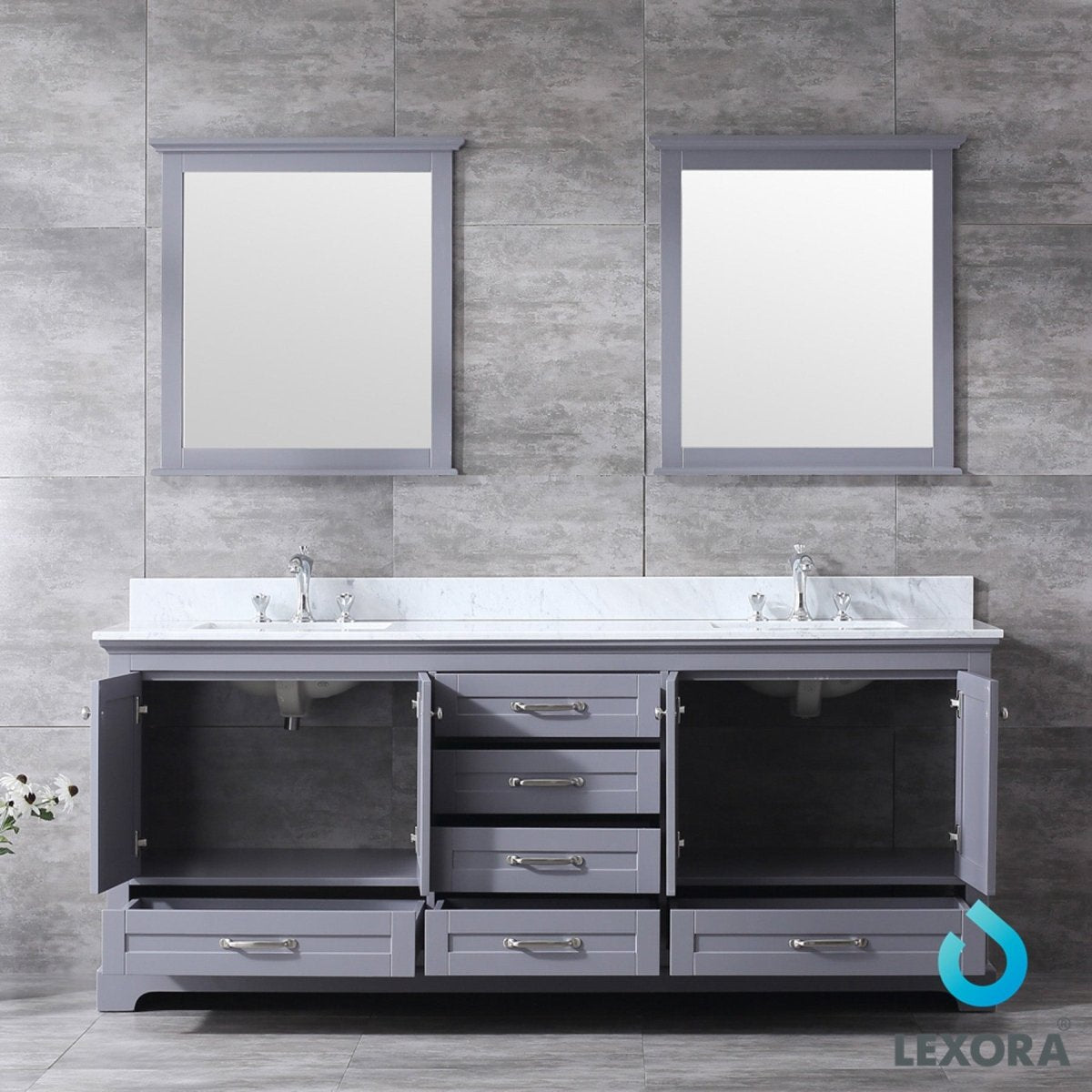 Dukes 80" Dark Grey Double Vanity, White Carrara Marble Top, White Square Sinks and 30" Mirrors - BUILDMYPLACE