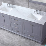 Dukes 80" Dark Grey Double Vanity, White Carrara Marble Top, White Square Sinks and 30" Mirrors w/ Faucets - BUILDMYPLACE