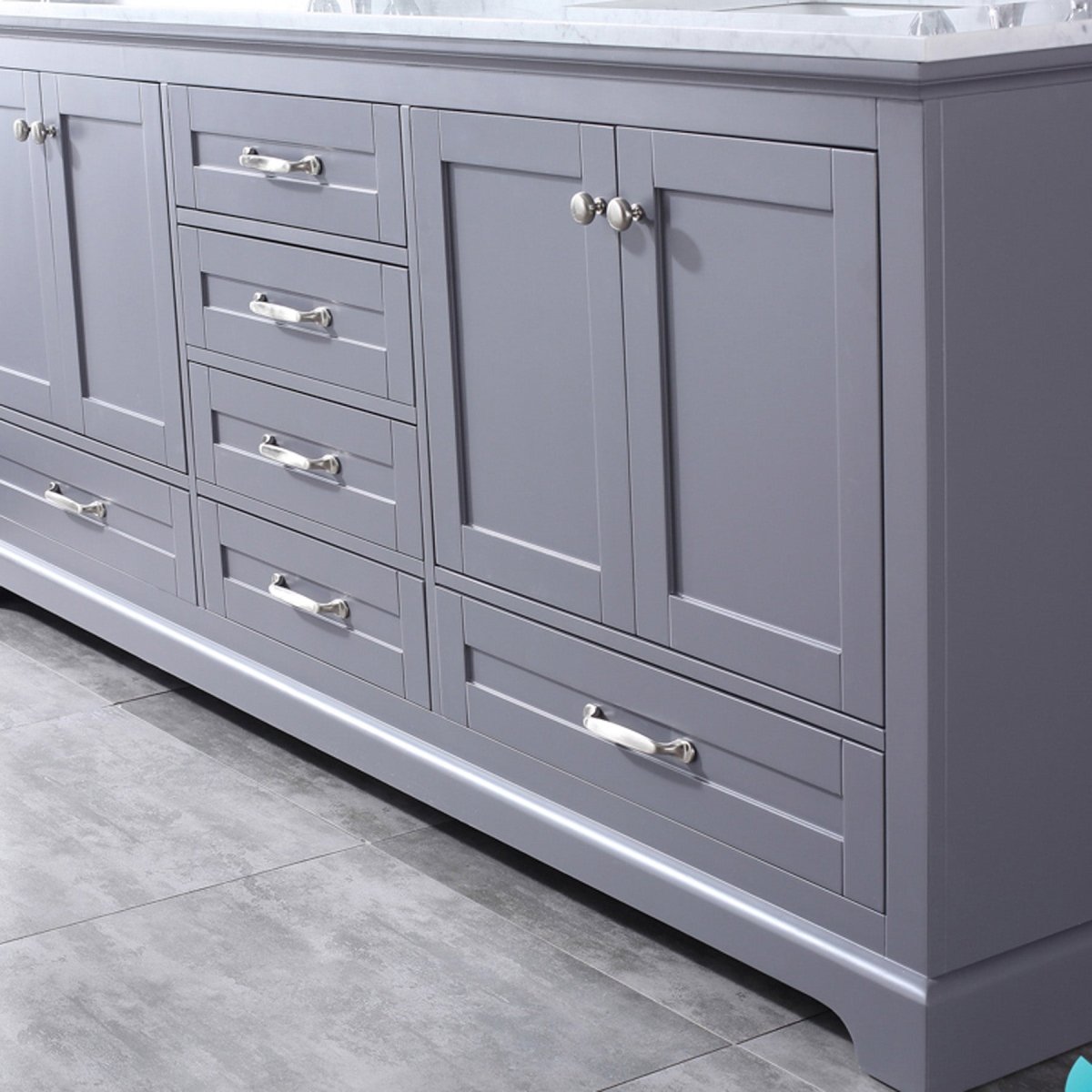 Dukes 80" Dark Grey Double Vanity, White Carrara Marble Top, White Square Sinks and 30" Mirrors w/ Faucets - BUILDMYPLACE
