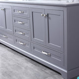 Dukes 80" Dark Grey Double Vanity, White Carrara Marble Top, White Square Sinks and 30" Mirrors w/ Faucets - BUILDMYPLACE
