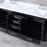 Dukes 80" Espresso Double Vanity, White Carrara Marble Top, White Square Sinks and 30" Mirrors - BUILDMYPLACE