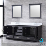 Dukes 80" Espresso Double Vanity, White Carrara Marble Top, White Square Sinks and 30" Mirrors - BUILDMYPLACE
