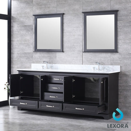 Dukes 80" Espresso Double Vanity, White Carrara Marble Top, White Square Sinks and 30" Mirrors - BUILDMYPLACE