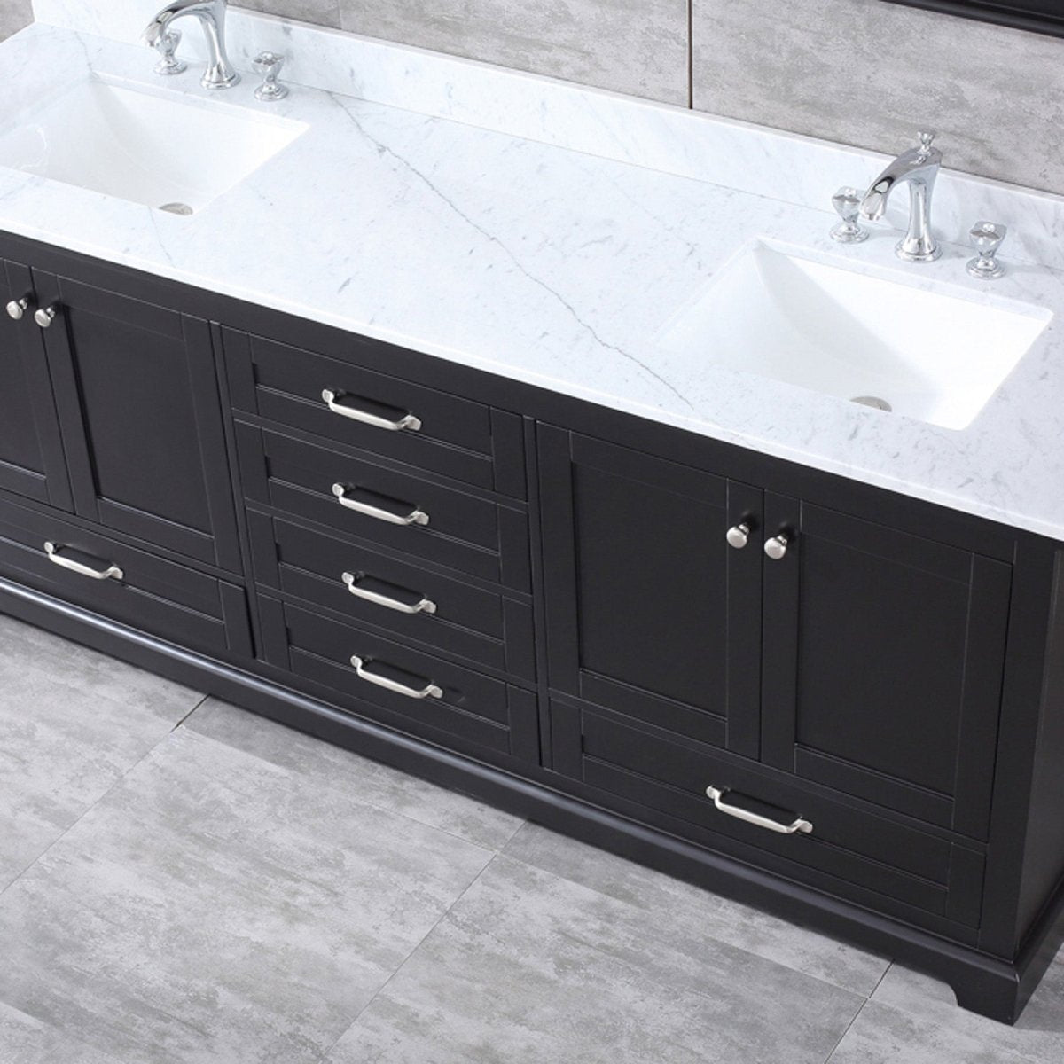 Dukes 80" Espresso Double Vanity, White Carrara Marble Top, White Square Sinks and 30" Mirrors - BUILDMYPLACE