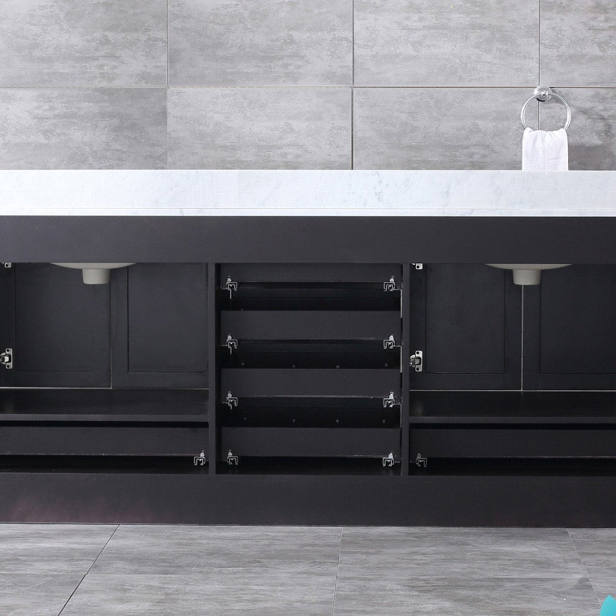 Dukes 80" Espresso Double Vanity, White Carrara Marble Top, White Square Sinks and 30" Mirrors - BUILDMYPLACE