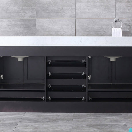 Dukes 80" Espresso Double Vanity, White Carrara Marble Top, White Square Sinks and 30" Mirrors - BUILDMYPLACE