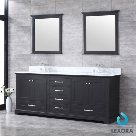 Dukes 80" Espresso Double Vanity, White Carrara Marble Top, White Square Sinks and 30" Mirrors - BUILDMYPLACE