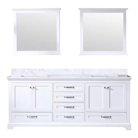 Dukes 80 In. Freestanding White Bathroom Vanity With Double Undermount Ceramic Sink, White Carrara Marble Top & 30 In. Mirrors - BUILDMYPLACE