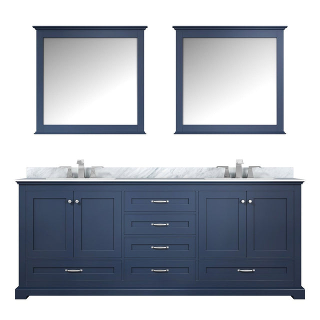 Dukes 80" Navy Blue Double Vanity, White Carrara Marble Top, White Square Sinks and 30" Mirrors - BUILDMYPLACE