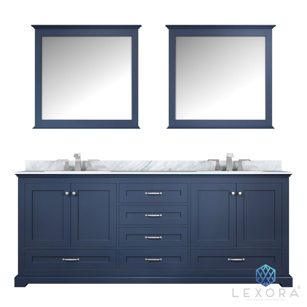Dukes 80" Navy Blue Double Vanity, White Carrara Marble Top, White Square Sinks and 30" Mirrors - BUILDMYPLACE