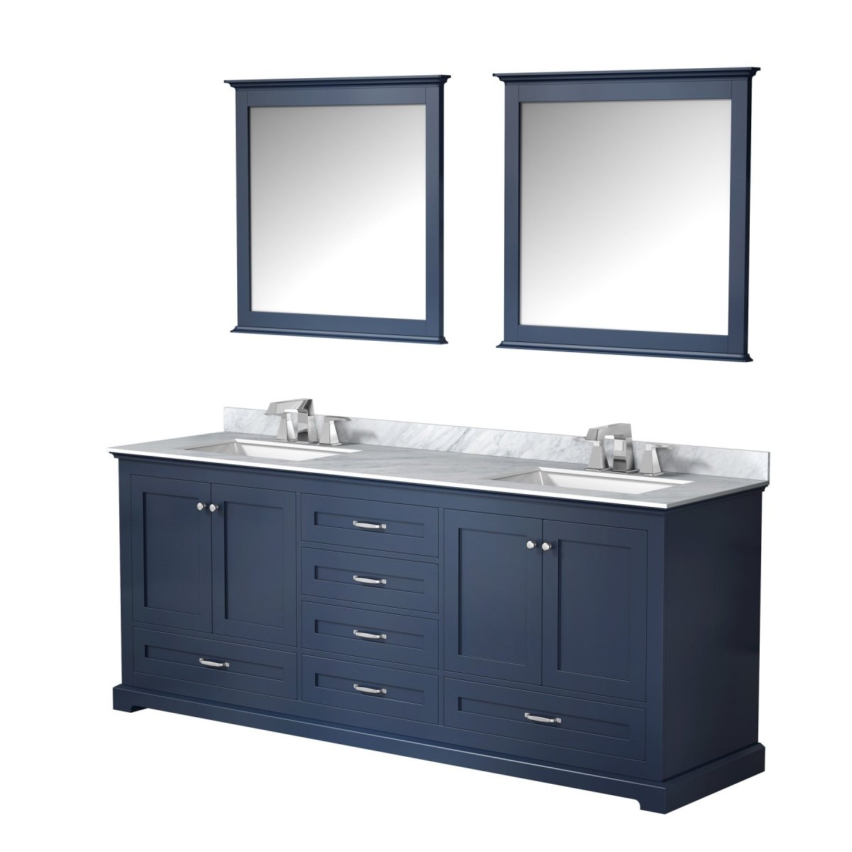 Dukes 80" Navy Blue Double Vanity, White Carrara Marble Top, White Square Sinks and 30" Mirrors - BUILDMYPLACE