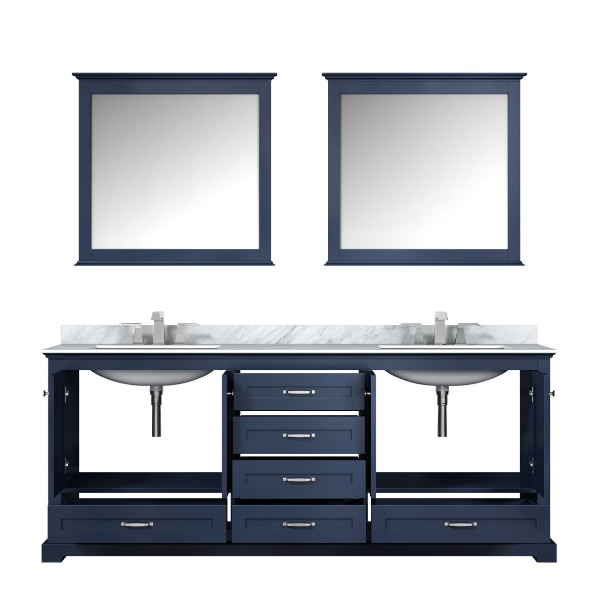 Dukes 80" Navy Blue Double Vanity, White Carrara Marble Top, White Square Sinks and 30" Mirrors w/ Faucets - BUILDMYPLACE