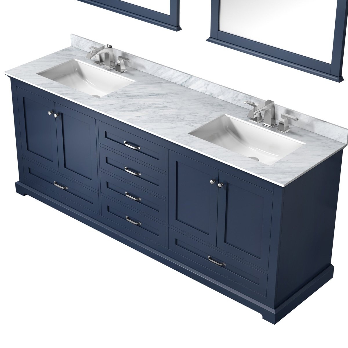 Dukes 80" Navy Blue Double Vanity, White Carrara Marble Top, White Square Sinks and 30" Mirrors w/ Faucets - BUILDMYPLACE