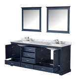 Dukes 80" Navy Blue Double Vanity, White Carrara Marble Top, White Square Sinks and 30" Mirrors w/ Faucets - BUILDMYPLACE