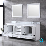 Dukes 80" White Double Vanity, White Carrara Marble Top, White Square Sinks and 30" Mirrors w/ Faucets - BUILDMYPLACE