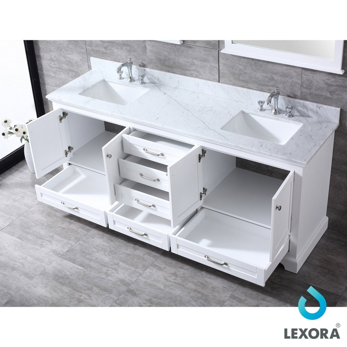 Dukes 80" White Double Vanity, White Carrara Marble Top, White Square Sinks and 30" Mirrors w/ Faucets - BUILDMYPLACE