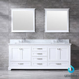 Dukes 80" White Double Vanity, White Carrara Marble Top, White Square Sinks and 30" Mirrors w/ Faucets - BUILDMYPLACE