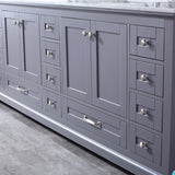Dukes 84" Dark Grey Double Vanity, White Carrara Marble Top, White Square Sinks and 34" Mirrors w/ Faucets - BUILDMYPLACE