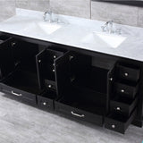Dukes 84" Espresso Double Vanity, White Carrara Marble Top, White Square Sinks and 34" Mirrors w/ Faucets - BUILDMYPLACE