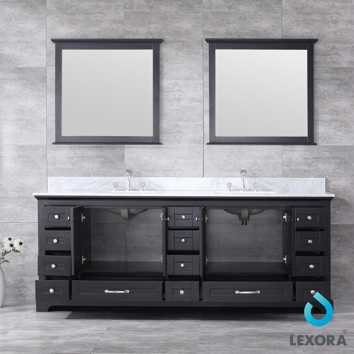 Dukes 84" Espresso Double Vanity, White Carrara Marble Top, White Square Sinks and 34" Mirrors w/ Faucets - BUILDMYPLACE