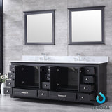 Dukes 84" Espresso Double Vanity, White Carrara Marble Top, White Square Sinks and 34" Mirrors w/ Faucets - BUILDMYPLACE