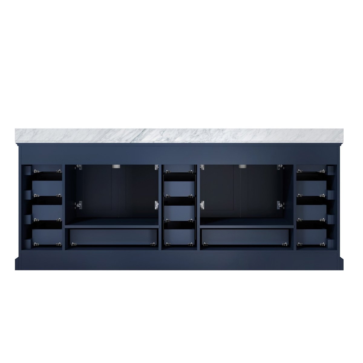 Dukes 84" Navy Blue Double Vanity, White Carrara Marble Top, White Square Sinks and 34" Mirrors w/ Faucets - BUILDMYPLACE