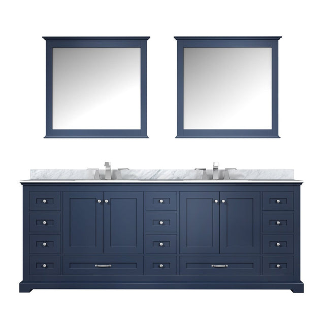 Dukes 84" Navy Blue Double Vanity, White Carrara Marble Top, White Square Sinks and 34" Mirrors w/ Faucets - BUILDMYPLACE