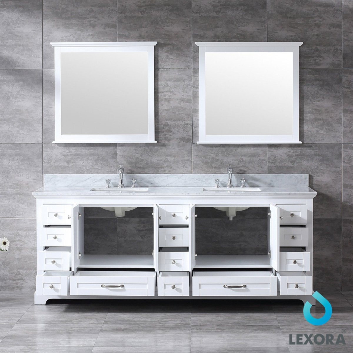 Dukes 84" White Double Vanity, White Carrara Marble Top, White Square Sinks and 34" Mirrors w/ Faucets - BUILDMYPLACE