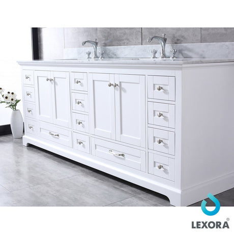 Dukes 84" White Double Vanity, White Carrara Marble Top, White Square Sinks and 34" Mirrors w/ Faucets - BUILDMYPLACE