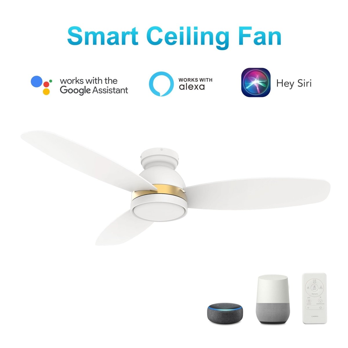 FREMONT 52 inch 3 - Blade Flush Mount Smart Ceiling Fan with LED Light & Remote - LEDMyPlace
